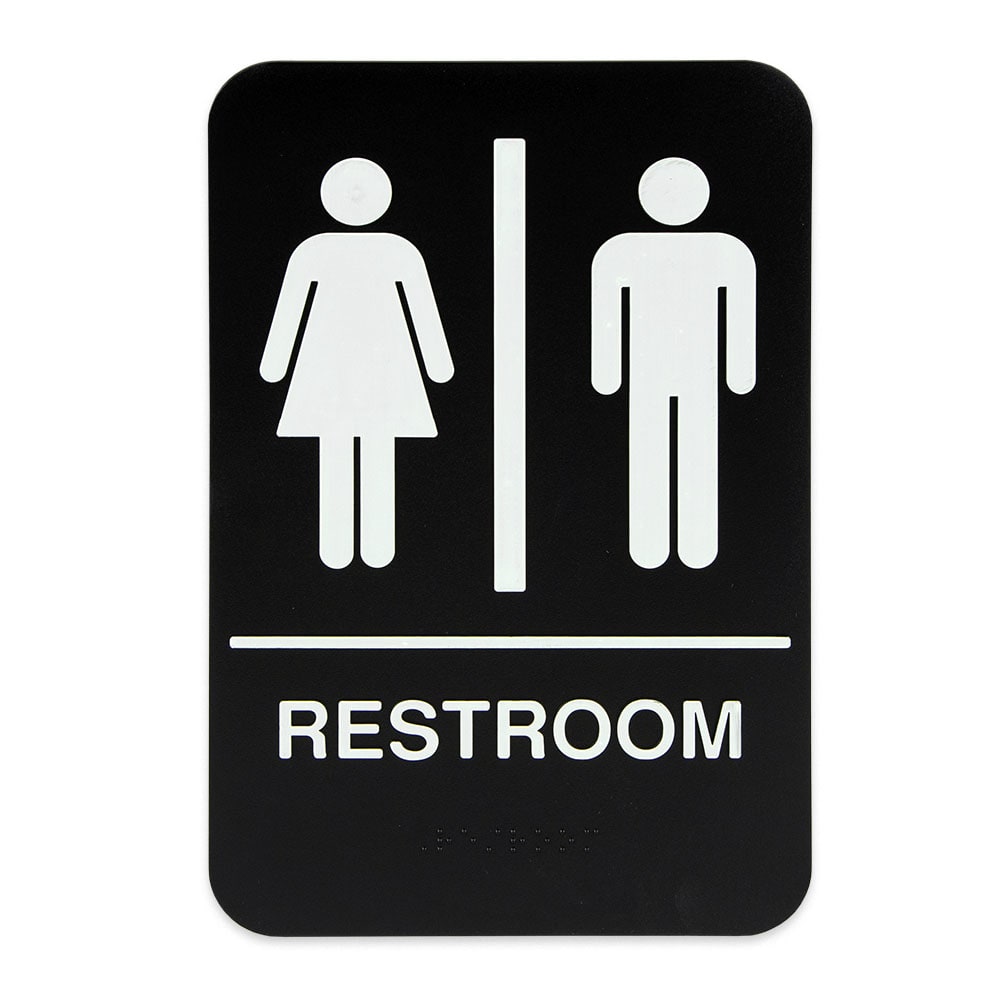 370-S69B4BK Restroom" Braille Sign - 6x9" White on Black