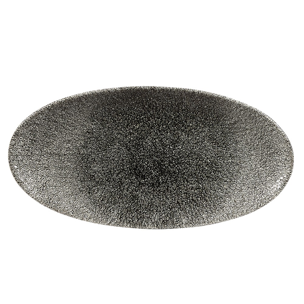 893-RKBQOV301 Oval Raku Chef's Plate - 11 4/5" x 5 3/4", Ceramic, Quartz Black