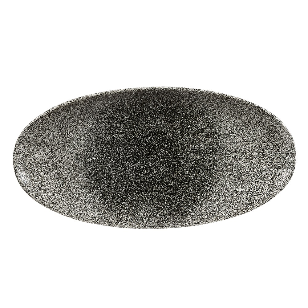 893-RKBQOV351 Oval Raku Chef's Plate - 13 3/4" x 6 3/4", Ceramic, Quartz Black