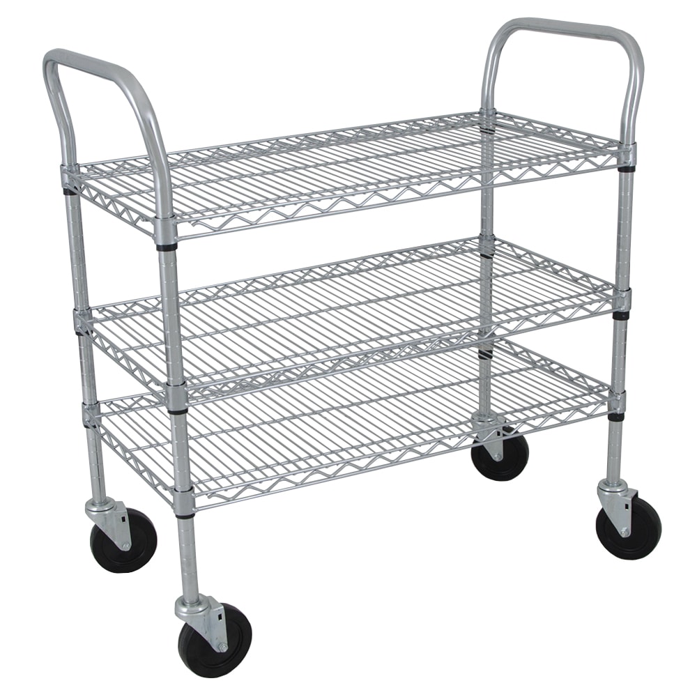 924-SIUC33618CH 3 Level Wire Utility Cart w/ 600 lb Capacity - Flat Ledges, Chrome