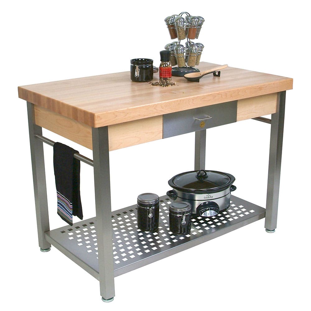 416-CUCG20 Cucina Grande, Work Table, 2 1/4" Maple Top, Varnique Finish, Stainless Base, 48...