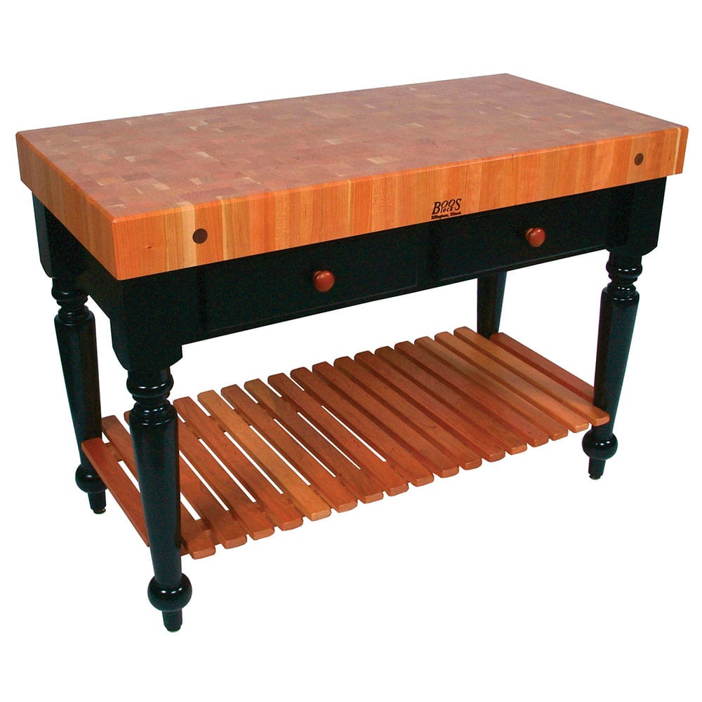 416-RNLR05SSL Le Rustica Table, 4" Thick End Grain Cherry Top, Shelf, Black Base, 48 x 24&qu...
