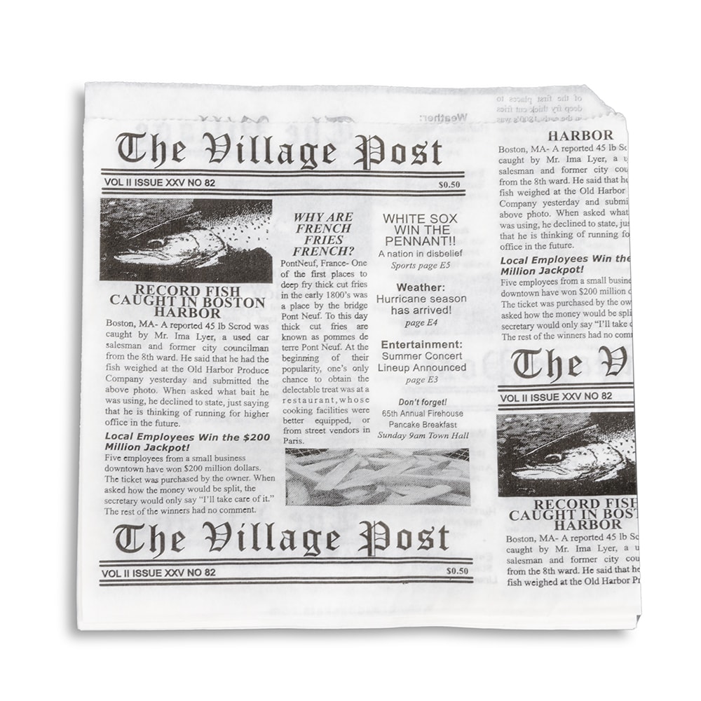 284-4T3000 7" Square Basket Liner Paper Bags - Village Post Newsprint, White