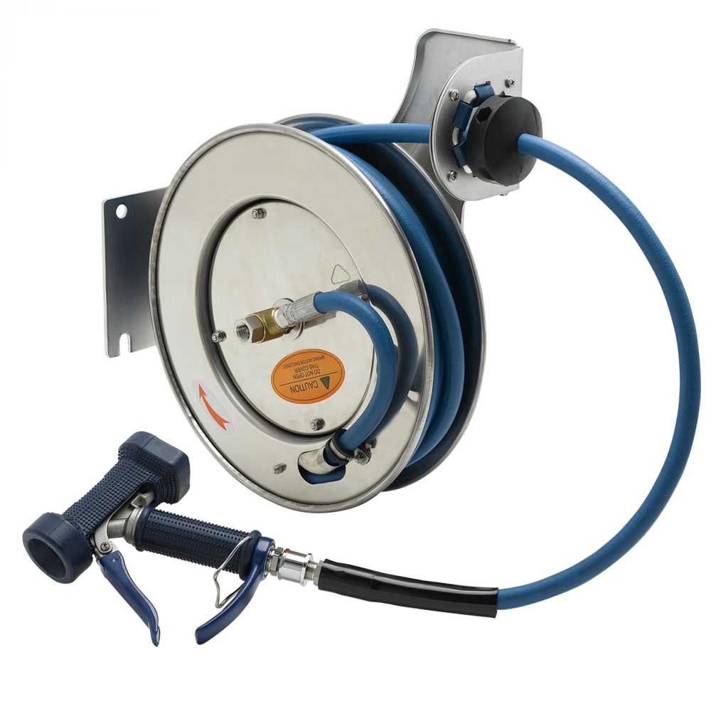 064-B713205 Hose Reel, 35 ft, 3/8" Diameter, Front Water Gun, Stainless Steel