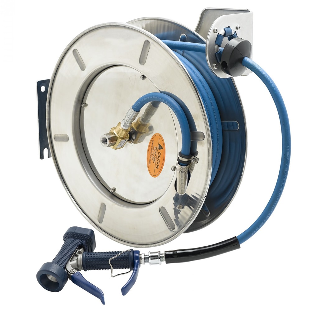 064-B714205 Hose Reel, 50 ft, 3/8" Diameter, Front Water Gun, Stainless Steel