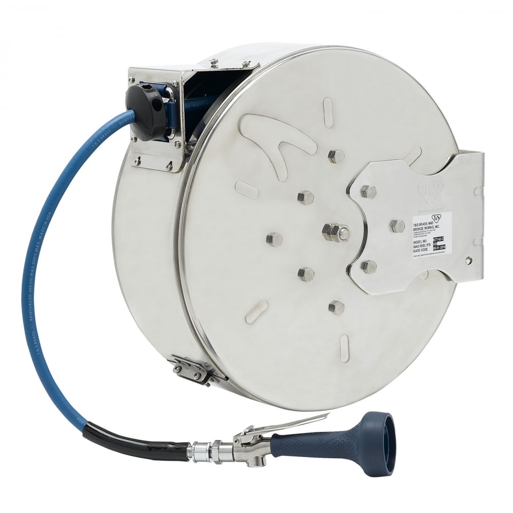 064-B7142C08H Hose Reel, 50 ft, 3/8" Diameter, High Flow Valve, Stainless Steel