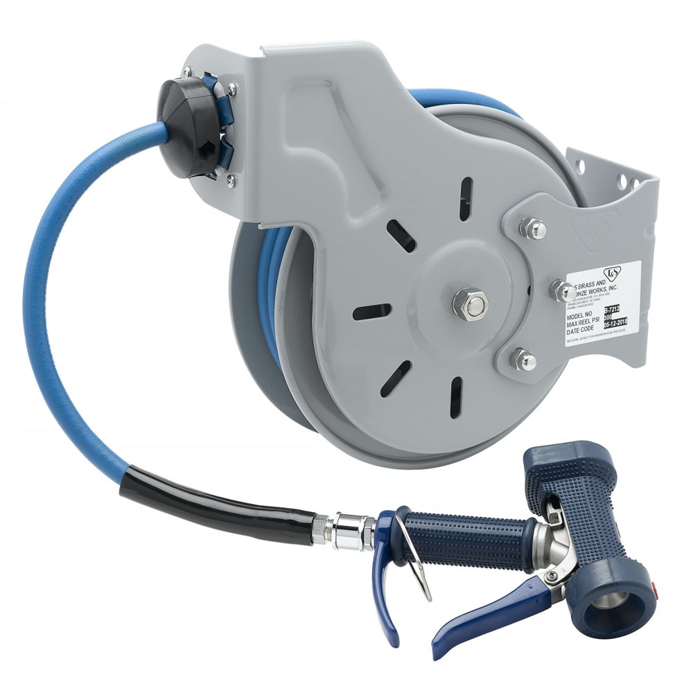 064-B721205 Hose Reel , Open, Epoxy Coated Steel, 15 ft Hose, ABS Drum, Water Gun
