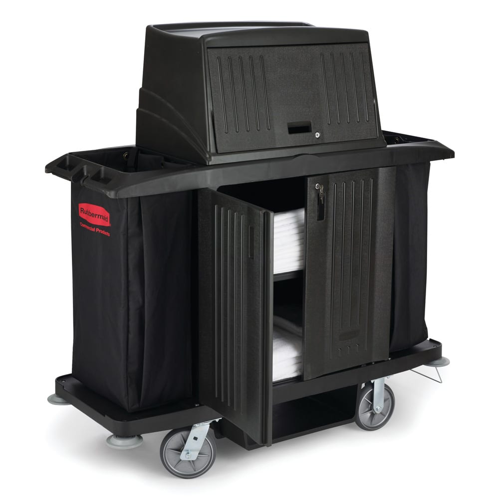 007-FG9T1900BLA Housekeeping Cart w/ Vacuum Holder, 60"L x 22"W x 67 1/2"H, Black