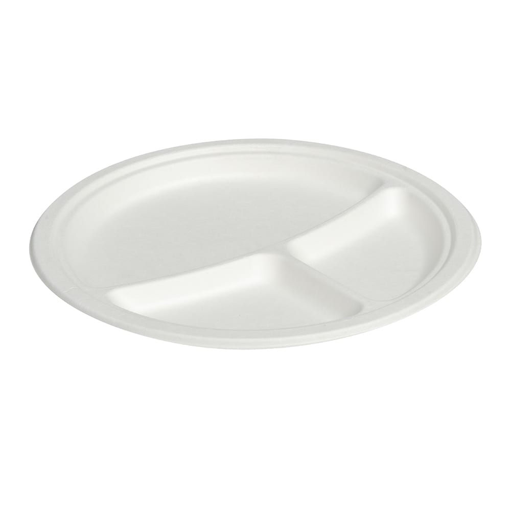 957-42RP09S3 9" Round Disposable Plate w/ (3) Compartments - Baggase, White