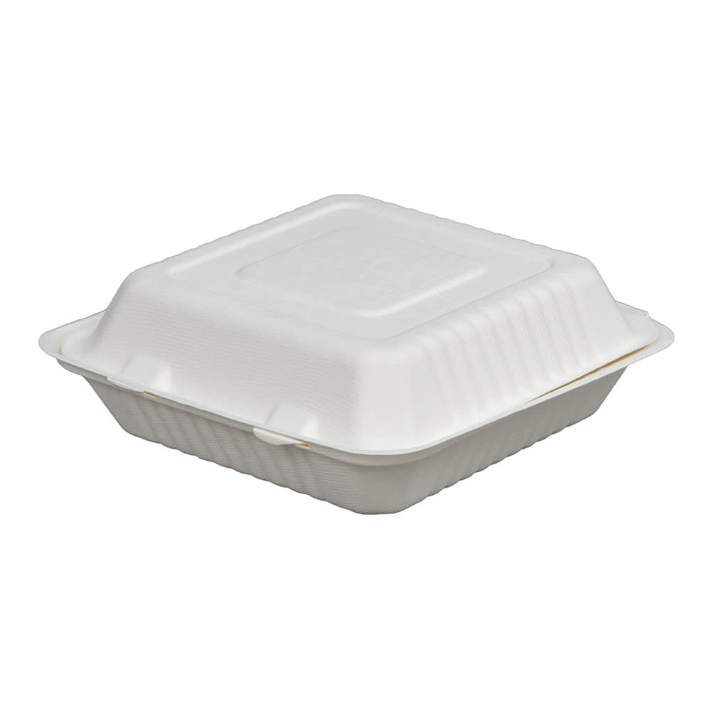 957-42SHD9 Disposable Hinged Container - 9"L x 9"W x 3 1/10" H, Bagasse, White