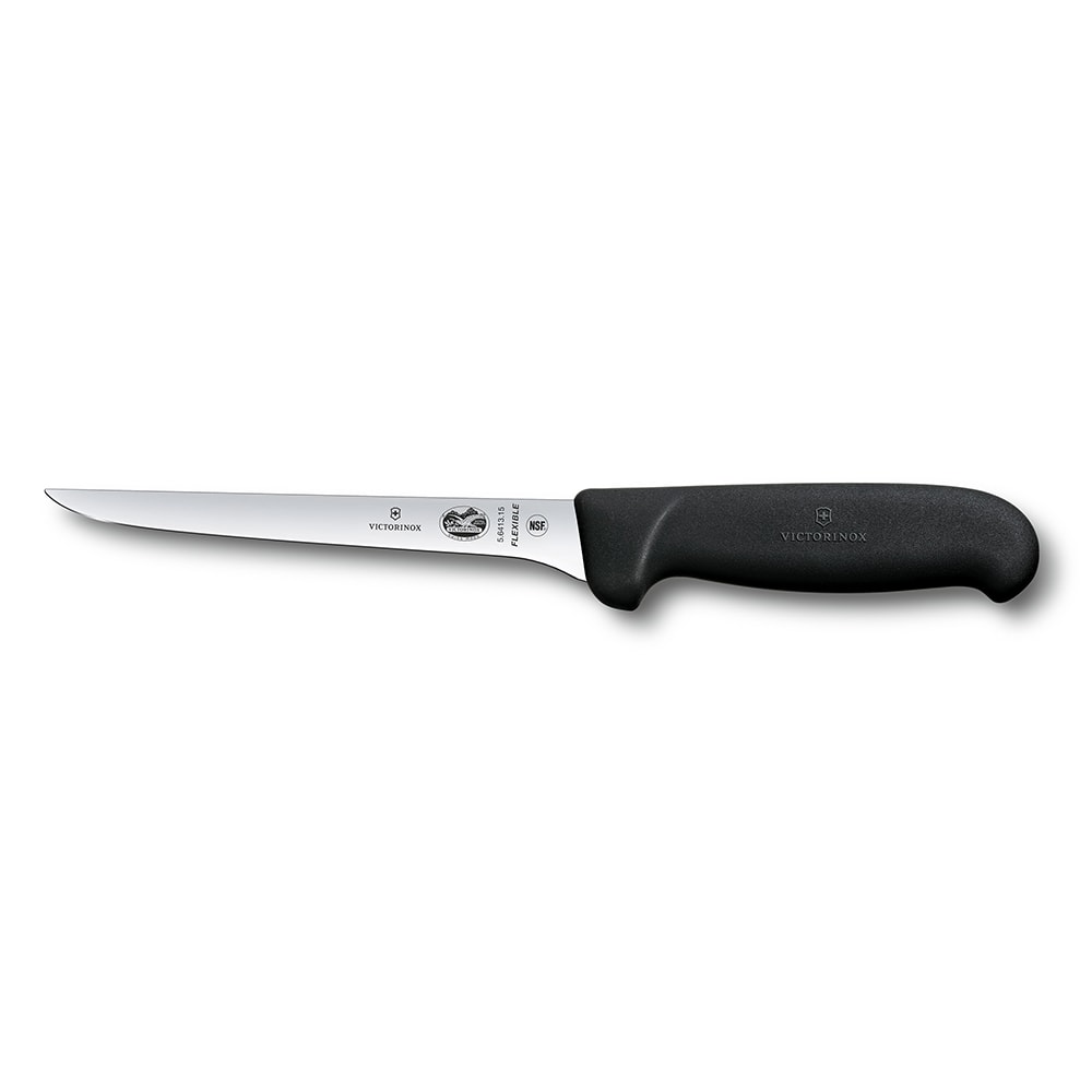 037-40513 Straight Narrow Boning Knife w/ 6" Flexible Blade, High Carbon Steel, Black Handle