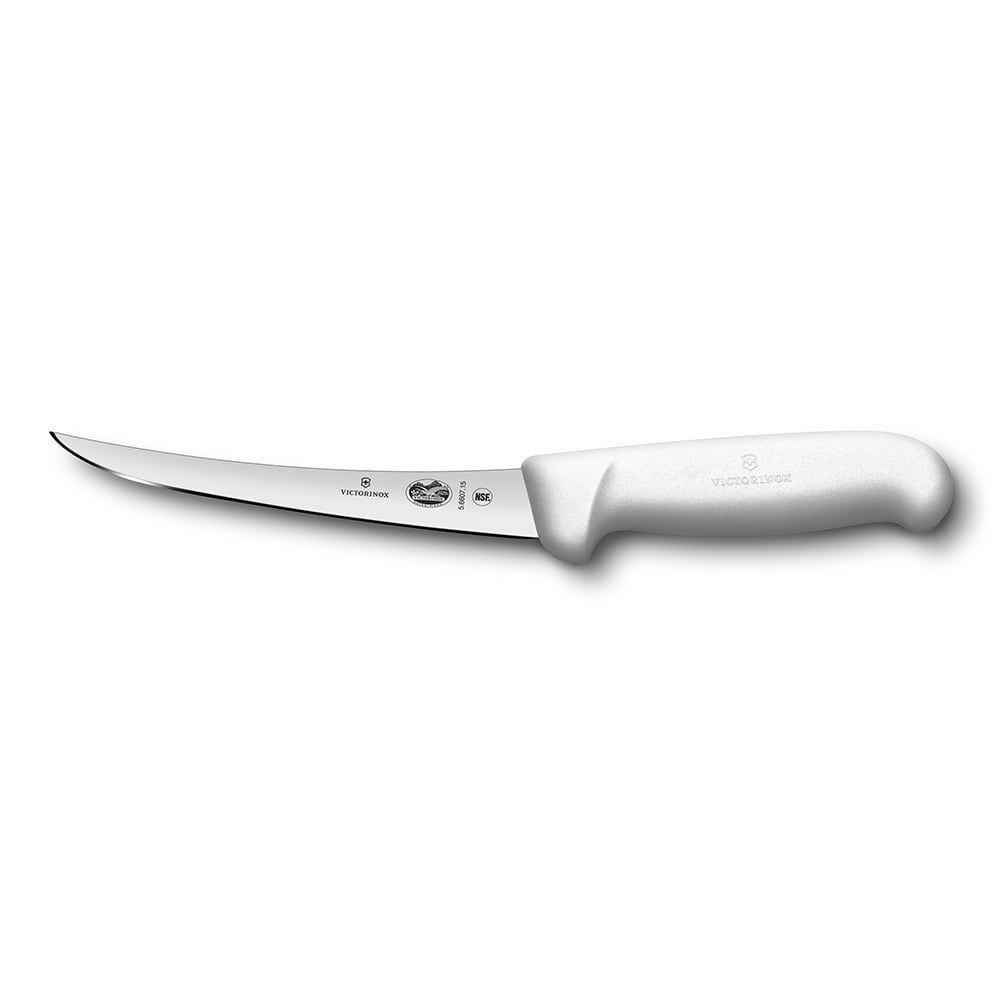 037-5660715 Curved Boning Knife w/ 6" Semi-Stiff Blade, High Carbon Steel, White Handle