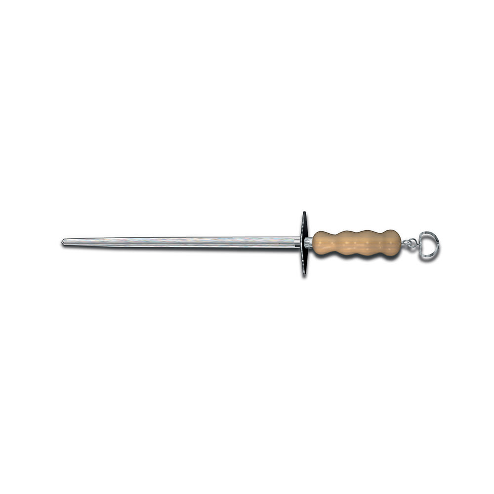 037-40181 12" Round Sharpening Steel, Helical Cut, Loose Ring, Light Wood Handle
