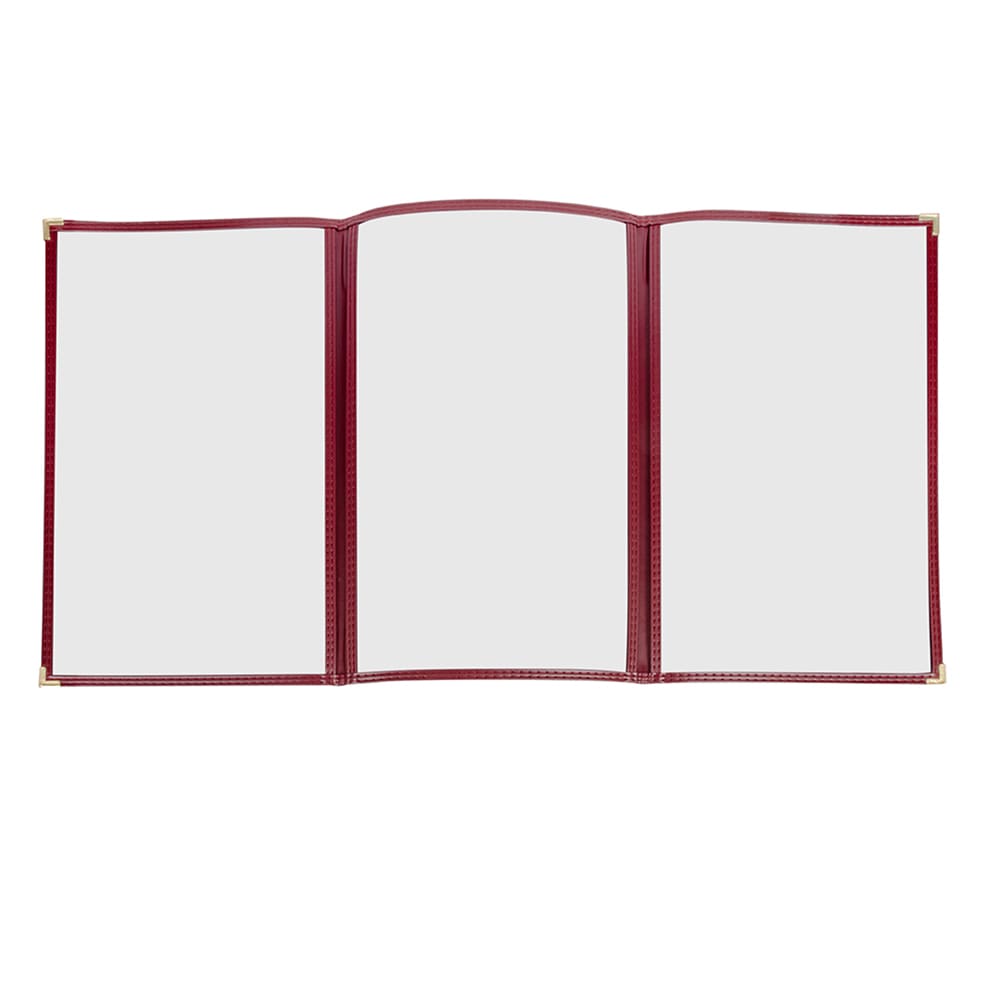 287-TET8514DS08 Triple Pocket Vinyl Menu Cover, 8 1/2"W x 14"H, Maroon Leatherette