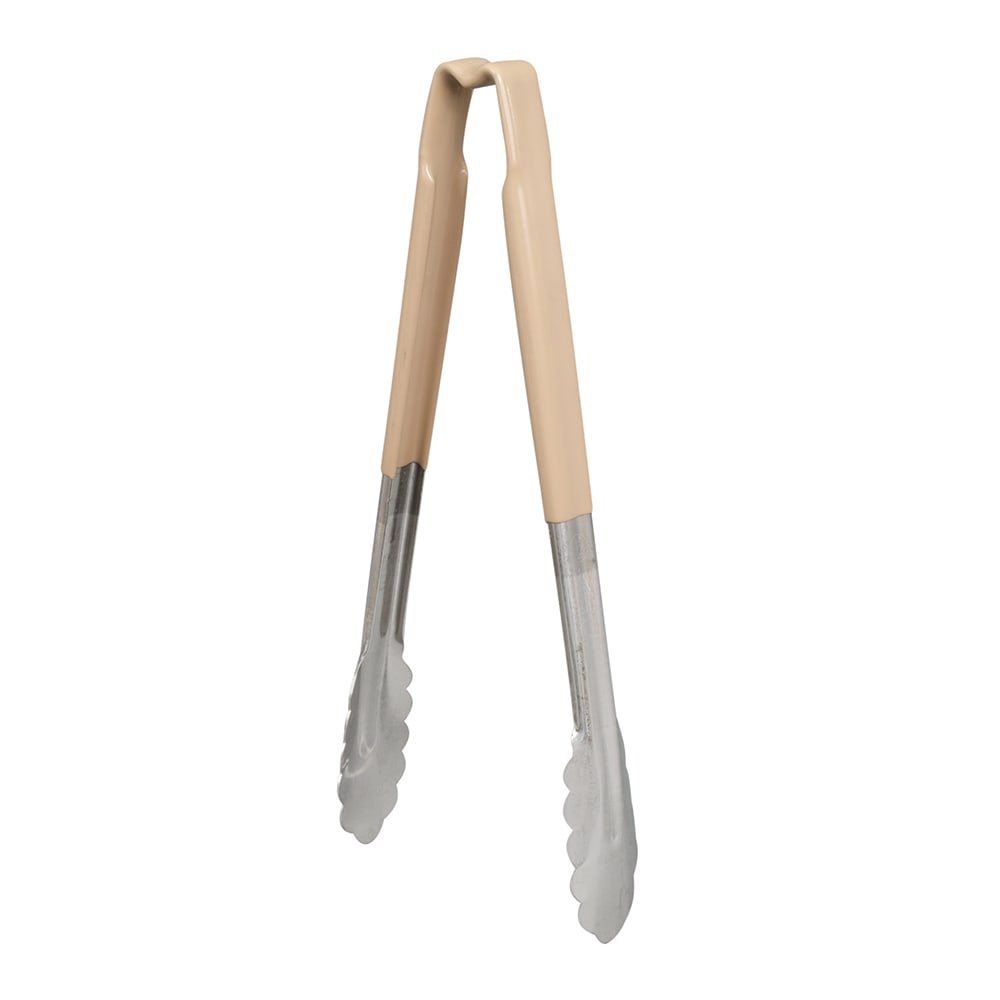 175-4781260 12"L Stainless Steel Utility Tongs - Tan