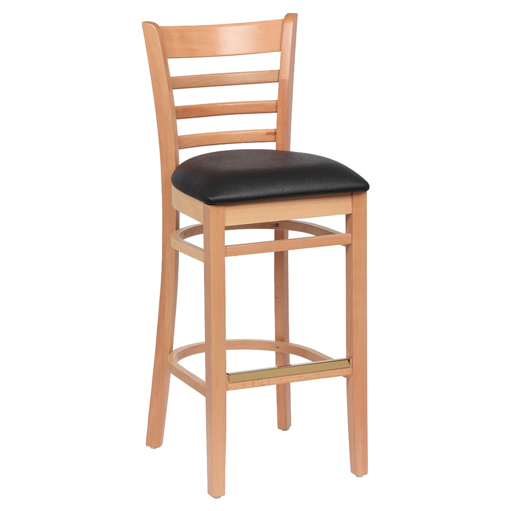 203-ROY8002NBLK Bar Stool w/ Ladder Back & Black Vinyl Seat, Natural Wood