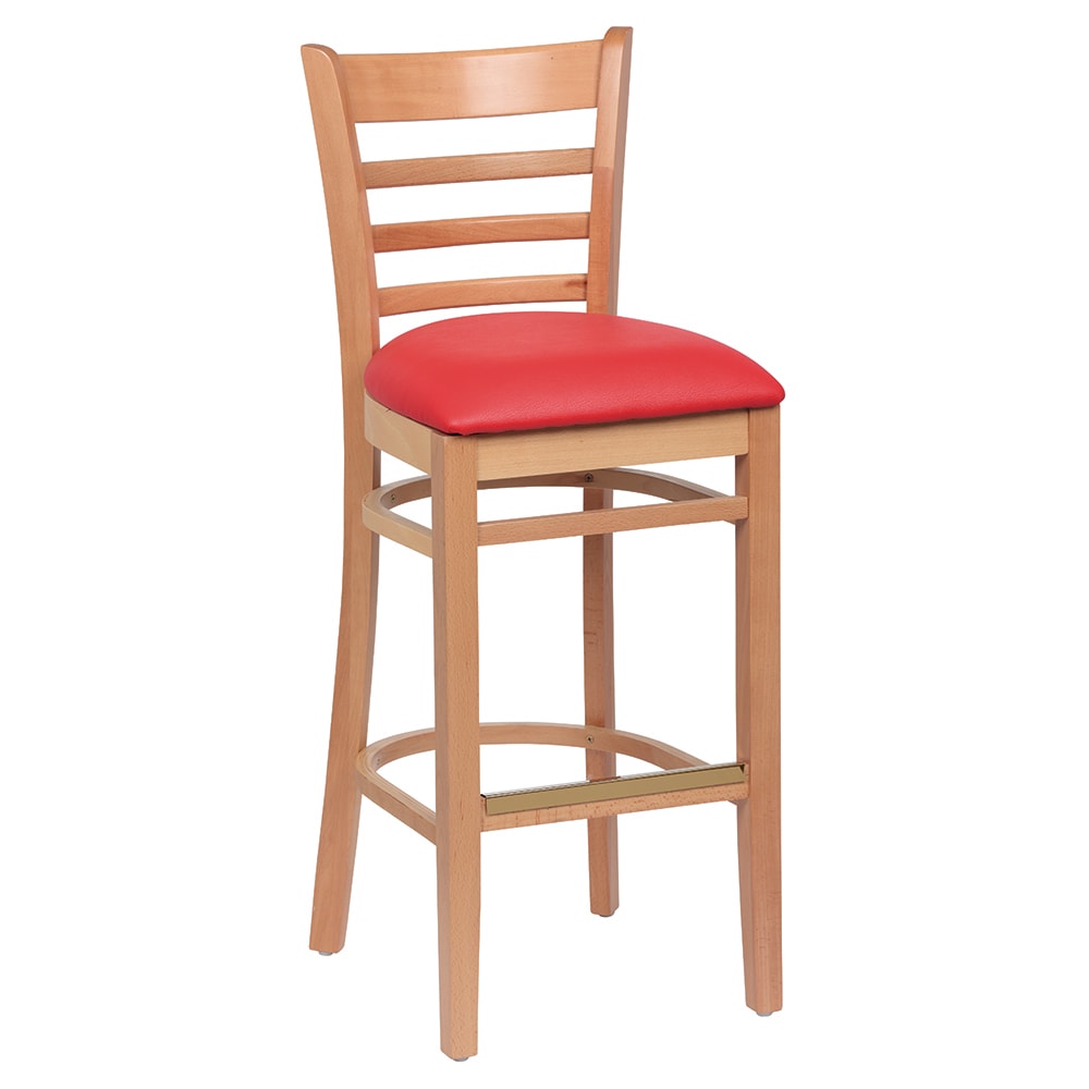 203-ROY8002NRED Bar Stool w/ Ladder Back & Red Vinyl Seat, Natural Wood