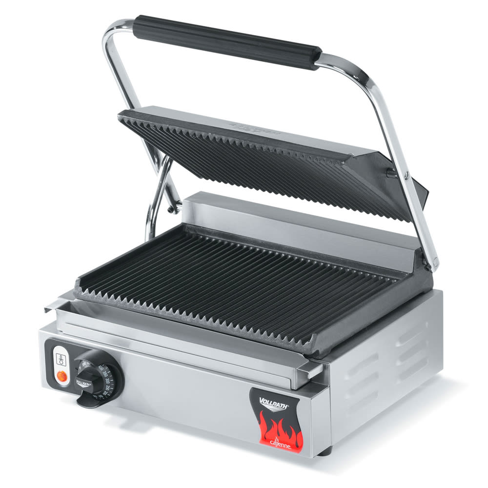 175-40794 Single Commercial Panini Press w/ Cast Iron Grooved Plates, 120v