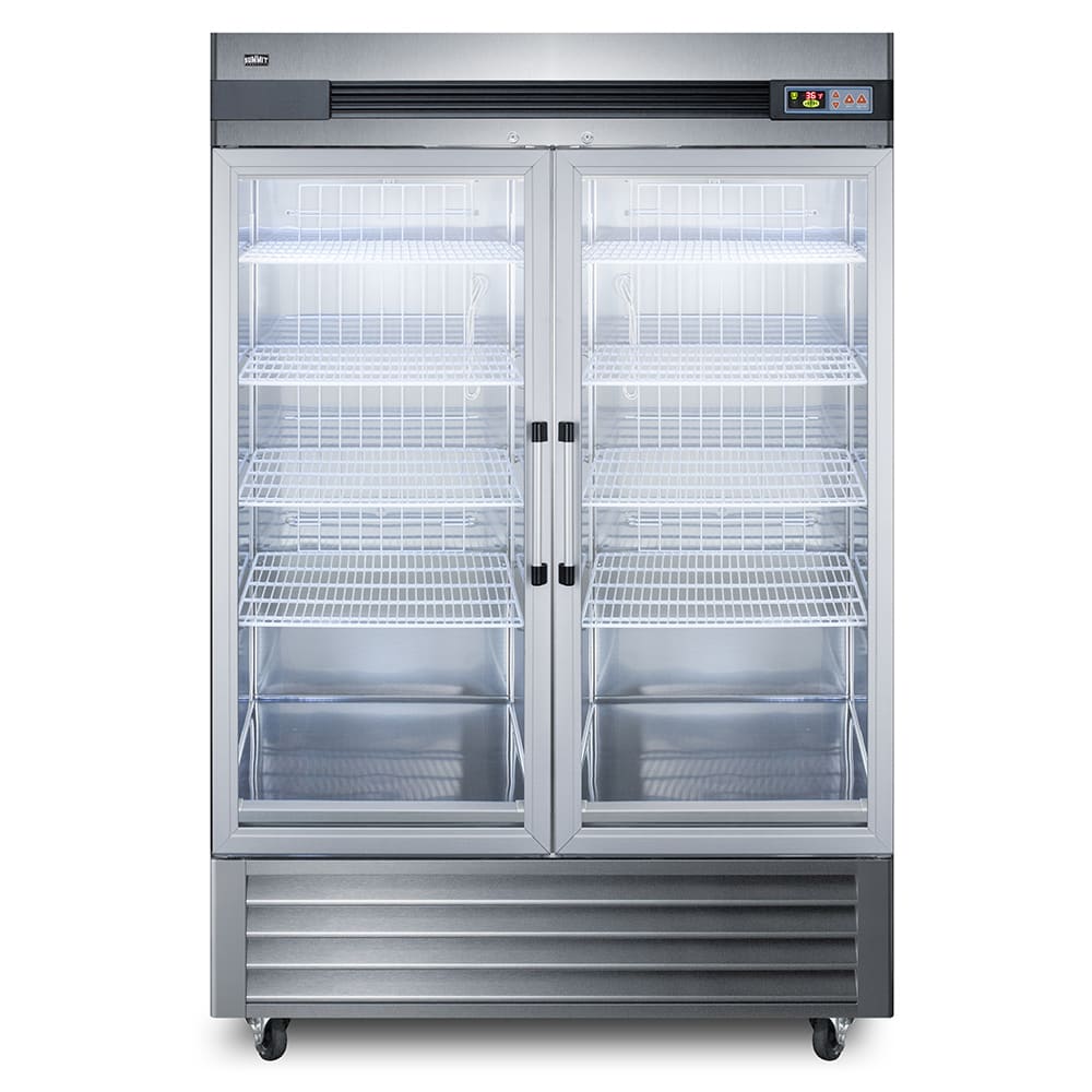 Summit SCR49SSG 56" Two Section Reach In Refrigerator, (2) Left/Right Hinge Glass Doors, 115v