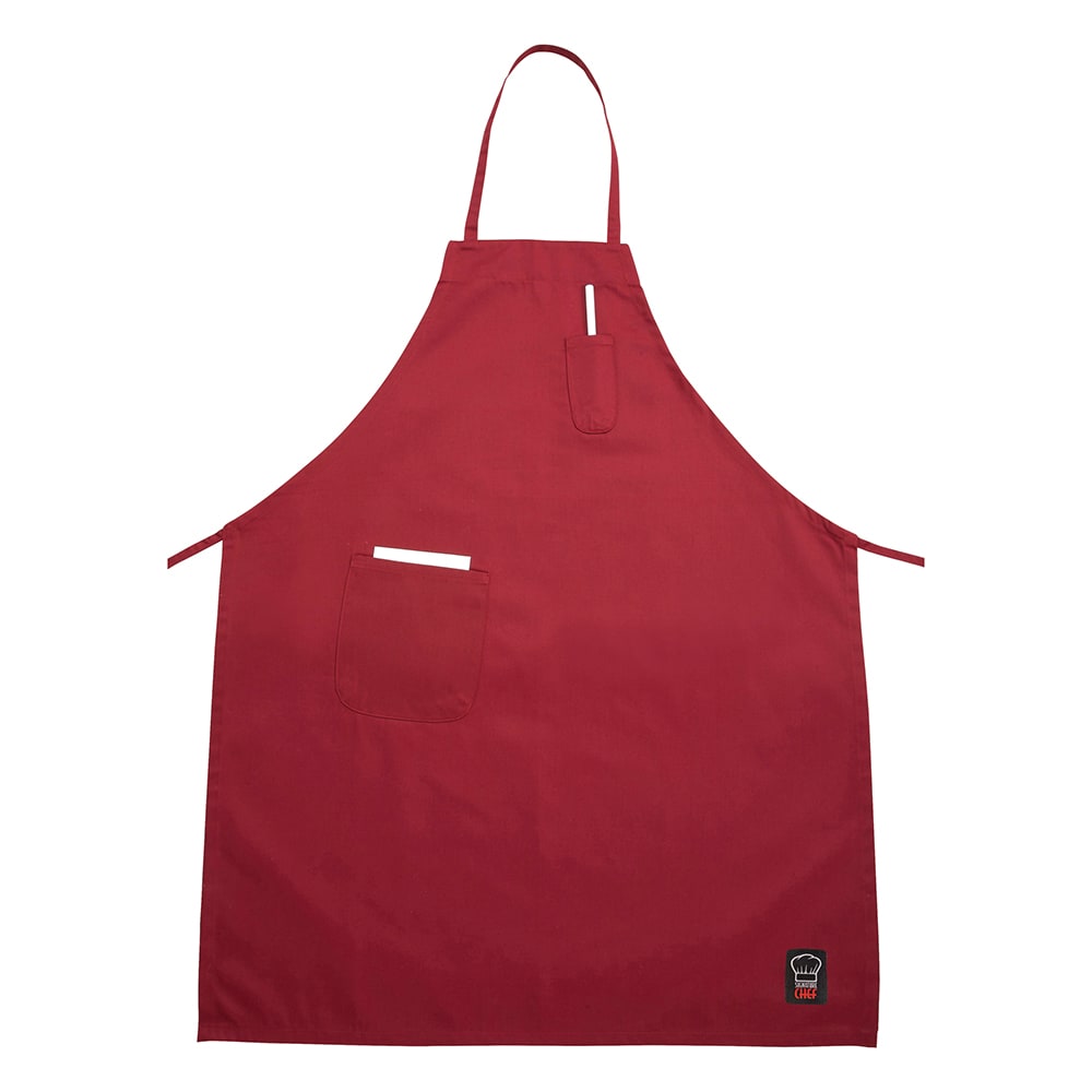 080-BAPRD Full Length Bib Apron w/ (2) Pockets - 33" x 26", Poly/Cotton, Red