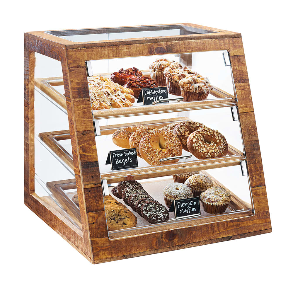 151-3432S99 3 Tier Pastry Display Case w/ Front Doors - Plastic Case, Reclaimed Wood Frame