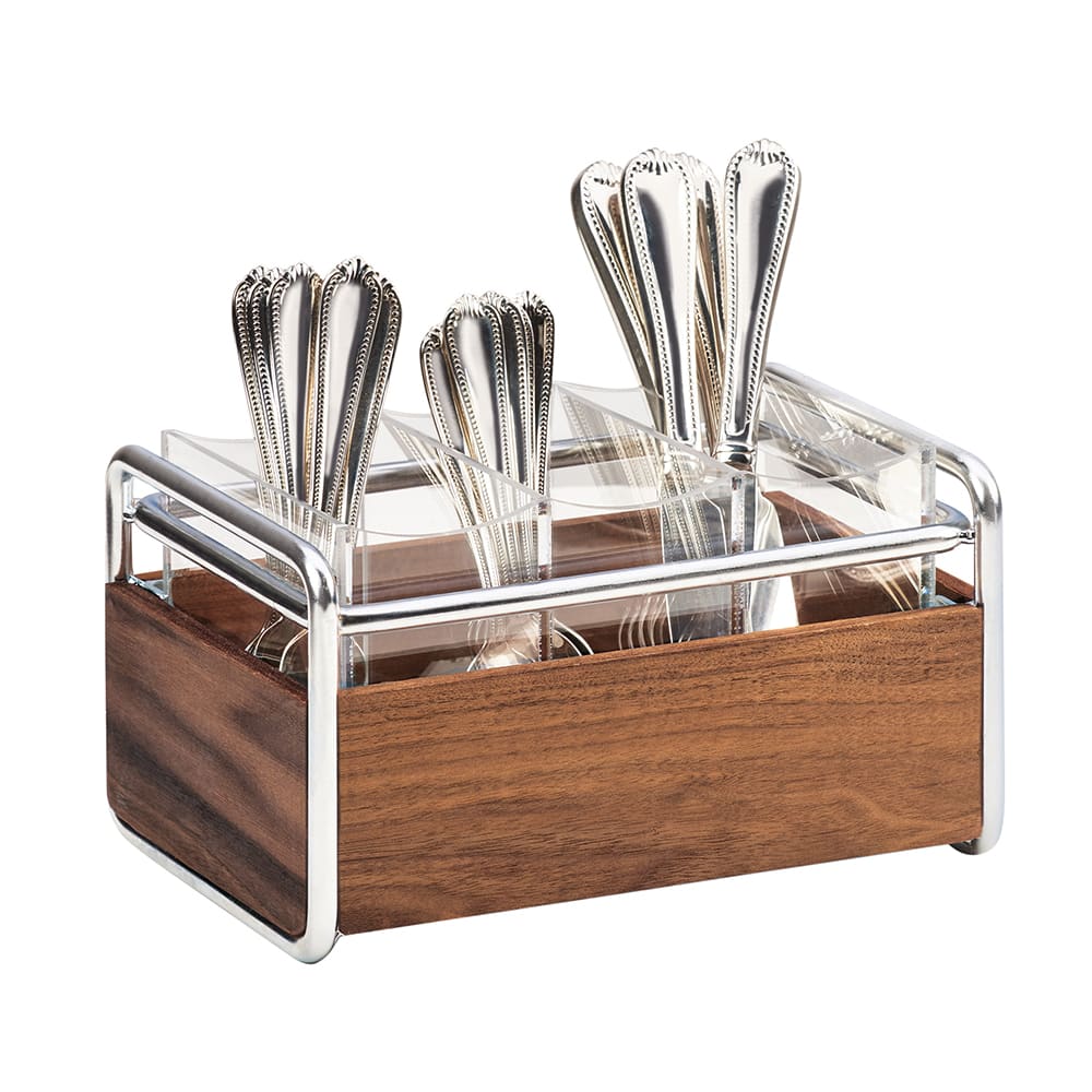 151-370049 3 Compartment Flatware Holder - 9 1/2"L x 6 1/2"W x 5 1/2"H, Walnut/Chr...