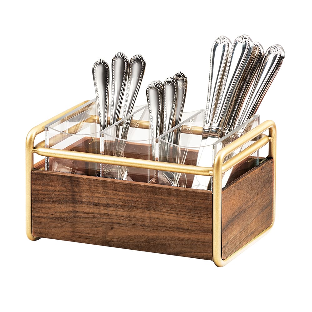 151-370046 3 Compartment Flatware Holder - 9 1/2"L x 6 1/2"W x 5 1/2"H, Walnut/Bra...