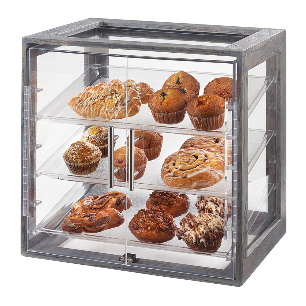 151-383883 3 Tier Pastry Display Case w/ Hinged Doors - Plastic Case, Ash Gray Wood Frame
