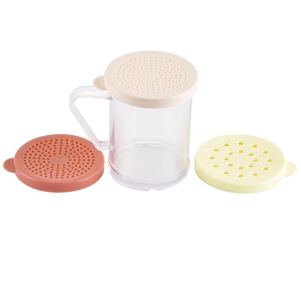 229-166F 10 oz Dredge/Shaker w/ Handle & (3) Assorted Color Lids, Polycarbonate