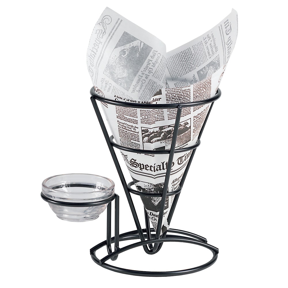 284-4361644 5" Round Wire Fry Cone Basket w/ Condiment Holder - 7"H, Iron, Black