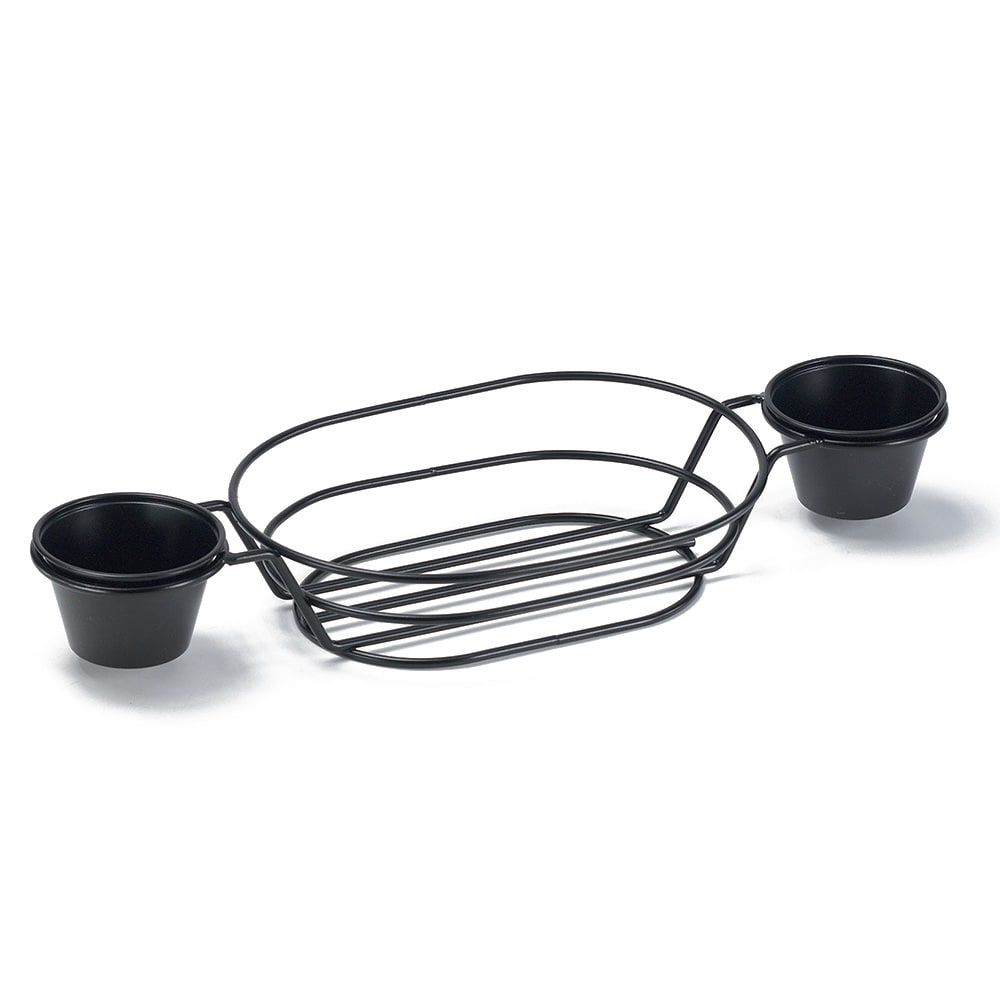 284-4361632 Oval Wire Basket w/ (2) Condiment Holders - 15 3/4" x 6", Iron, Black