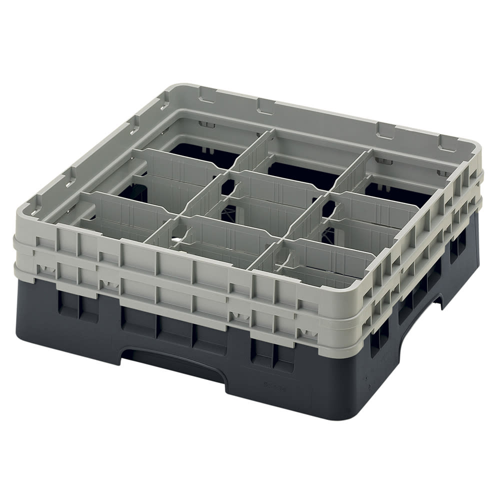 144-9S434110 Camrack® Glass Rack w/ 9 Compartments - 2 Gray Extenders, Black