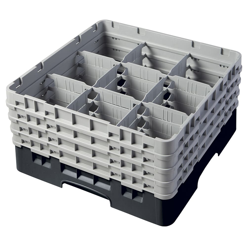 144-9S800110 Camrack® Glass Rack w/ 9 Compartments - 4 Gray Extenders, Black