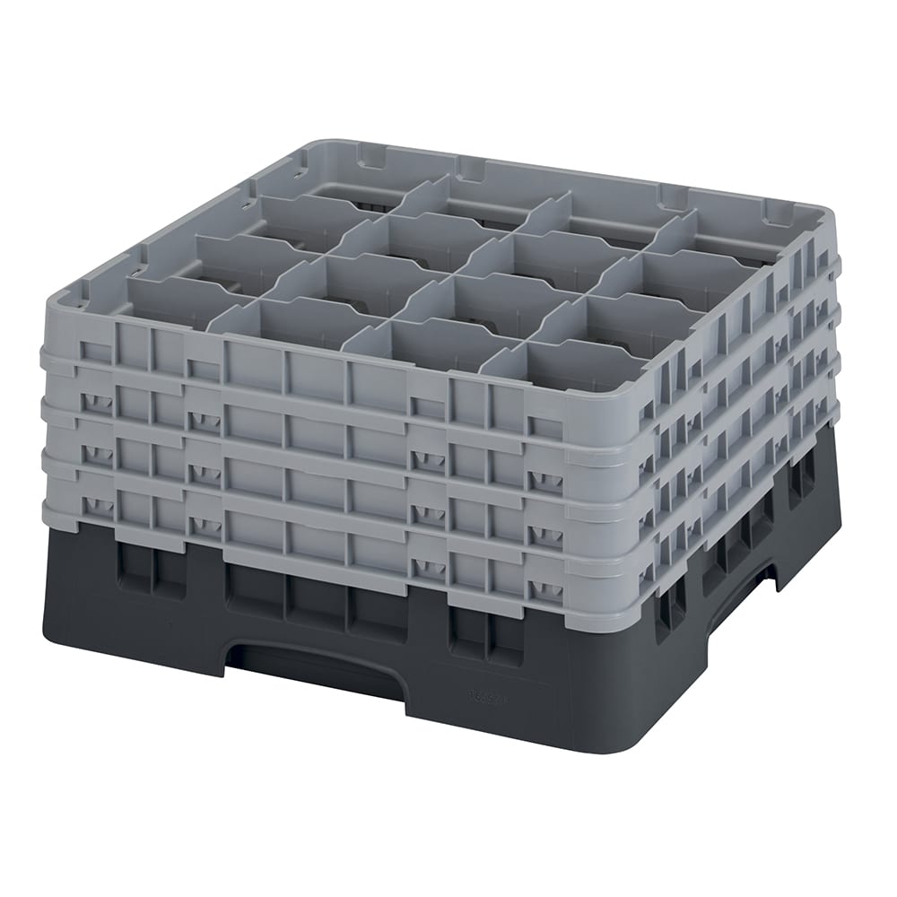 144-16S900110 Camrack® Glass Rack w/ 16 Compartments - 4 Gray Extenders, Black