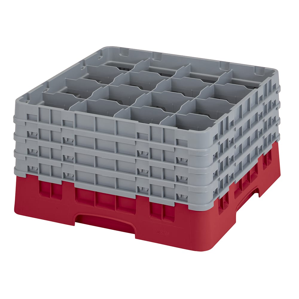 144-16S900163 Camrack® Glass Rack w/ 16 Compartments - 4 Gray Extenders, Red