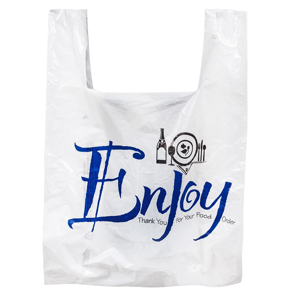 Pitt Plastics KT-100842 "Enjoy" Carry Out Bag w/ Handle - Plastic, White