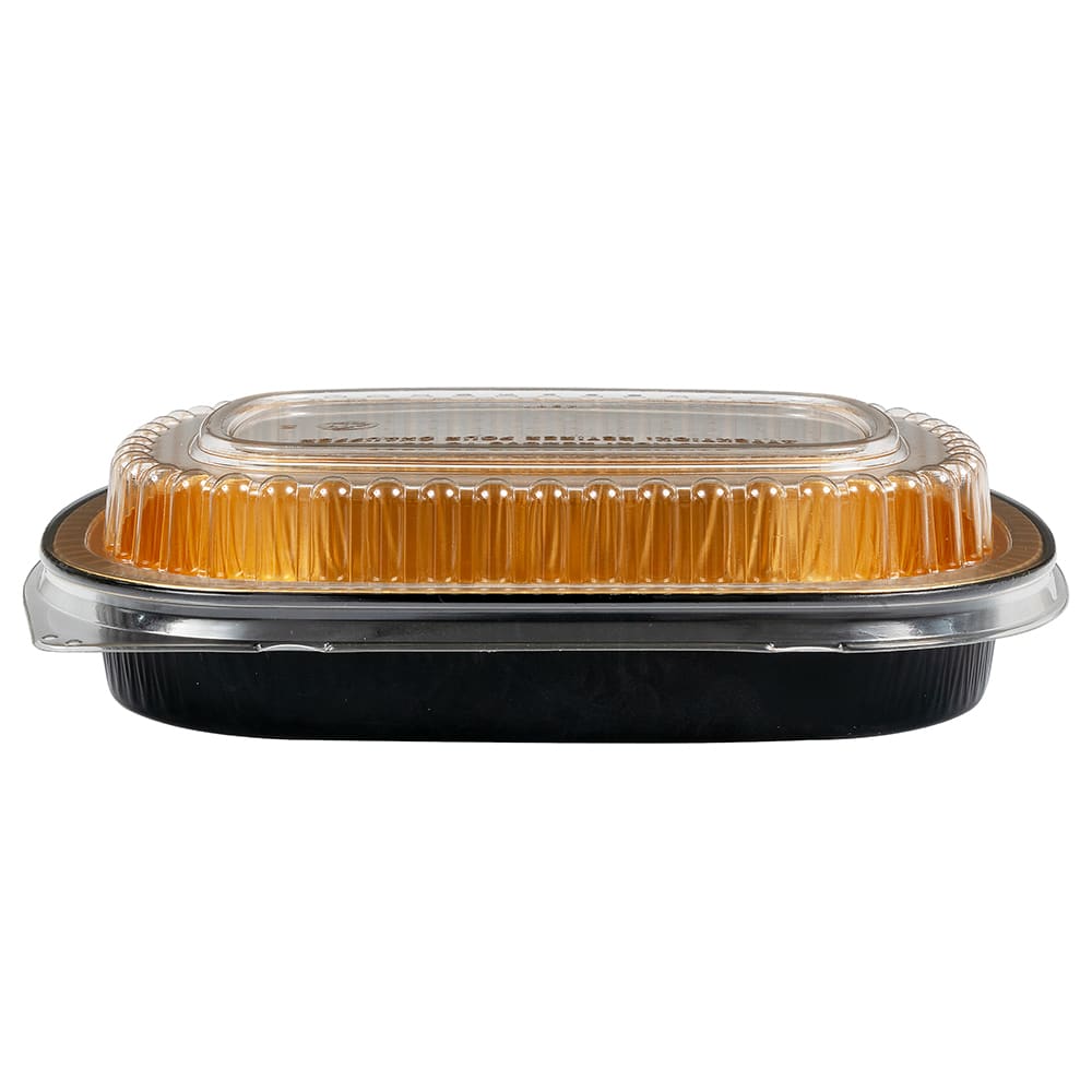 Handi-Foil 4201-55-100WDL Small Takeout Entree Container w/ Dome Lid - Foil,  Black/Gold