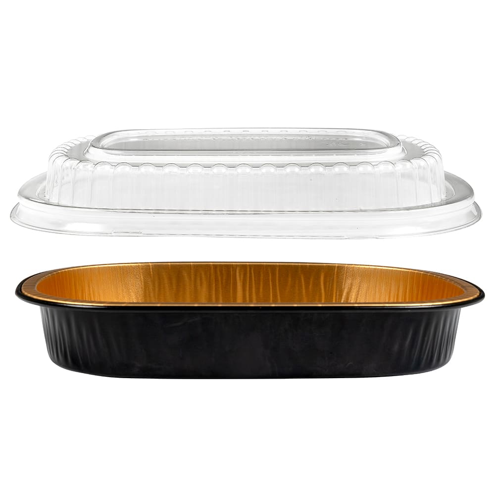 Handi-Foil 4201-55-100WDL Small Takeout Entree Container w/ Dome Lid - Foil,  Black/Gold
