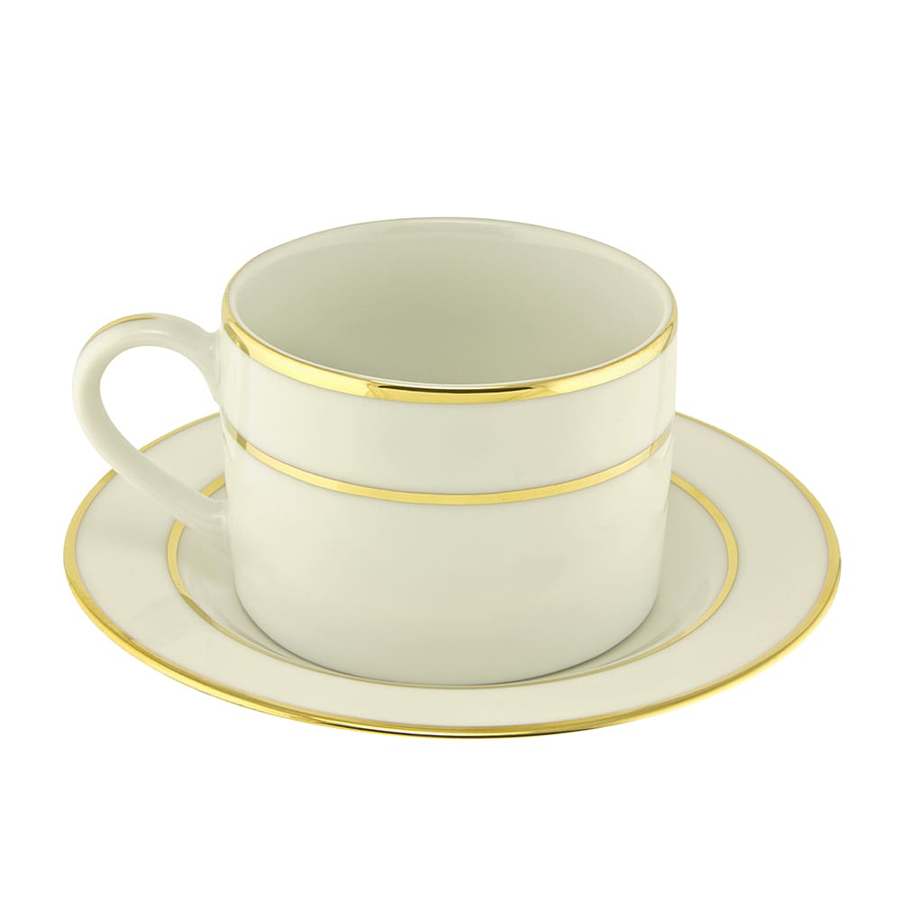 861-CGLD0009 6 oz Double Gold Line Cup & Saucer Set - Porcelain, Cream/Gold