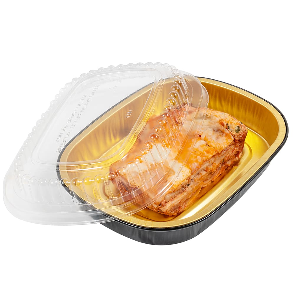 HFA Gourmet-to-Go 4 lb. Large Black and Gold Entrée Foil Pan w/Clear D –