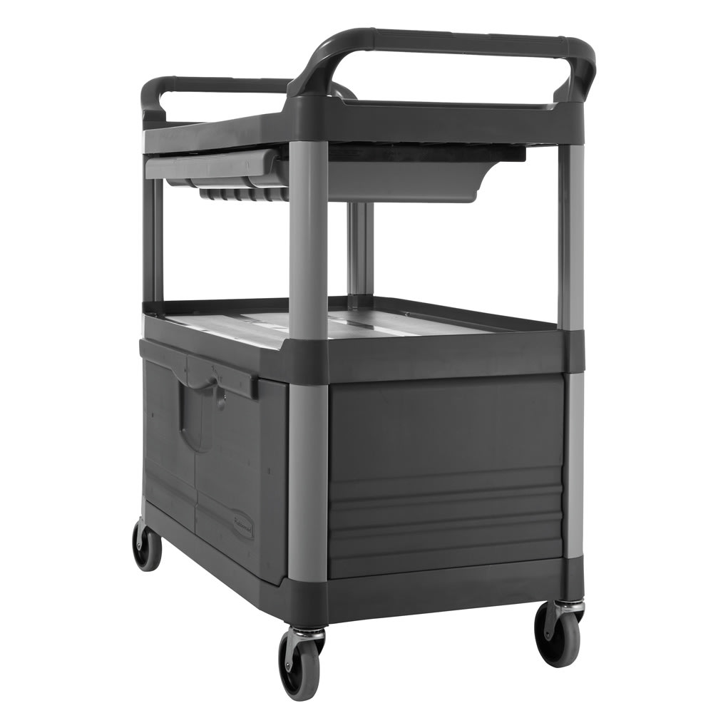 Rubbermaid Utility Cart with Lockable Doors Lockable doors, sliding drawer;