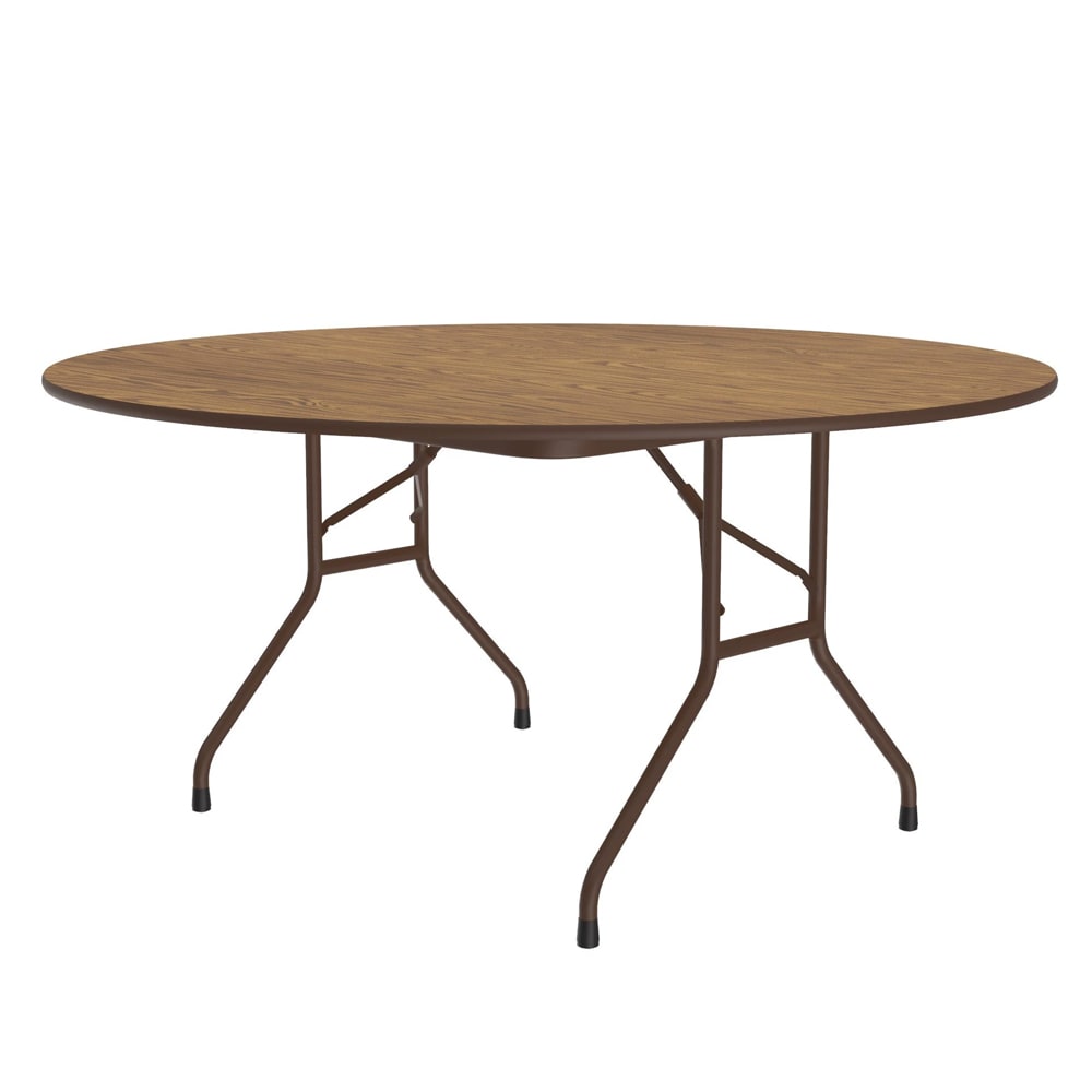 228-CF60MR06 60" Round Folding Table w/ Medium Oak Melamine Top. 29"H