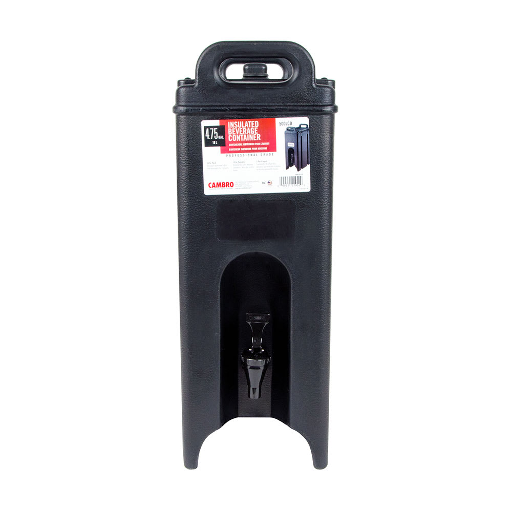 Cambro Camtainer 11.75 Gallon Black Insulated Beverage Dispenser with Black  7-Compartment Condiment Holder and 4 9/16 Riser