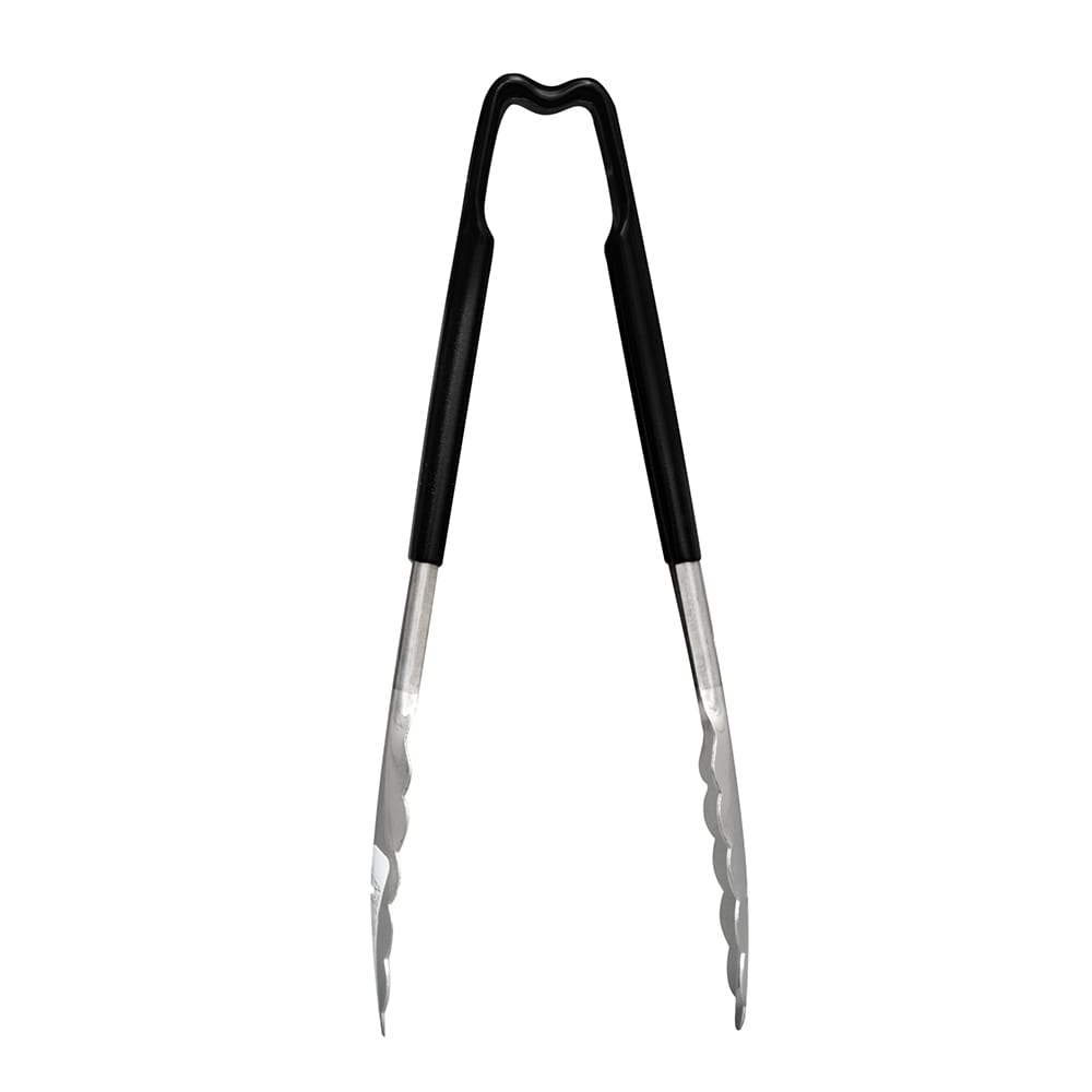 Choice 9 1/2 Black Coated Handle Stainless Steel Scalloped Tongs