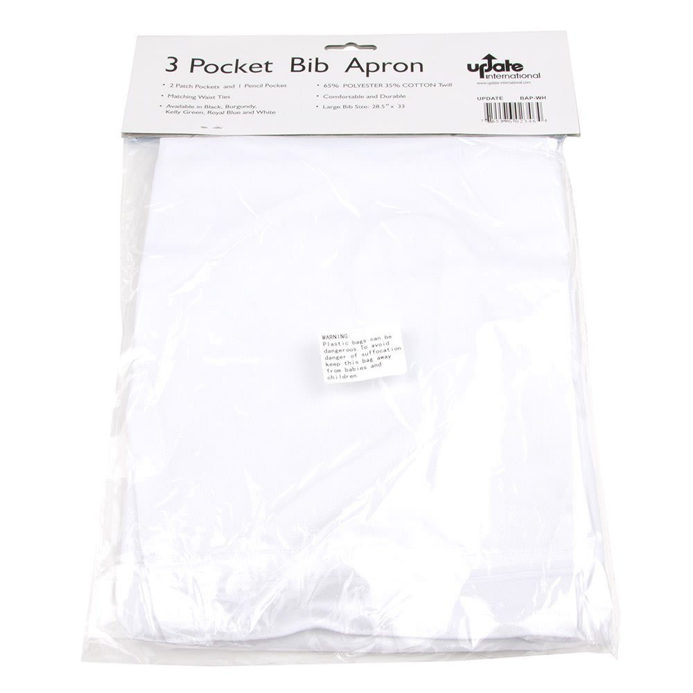 370-BAPWH Bib Apron - (3)Pocket, 33x28 1/2" Poly/Cotton, White