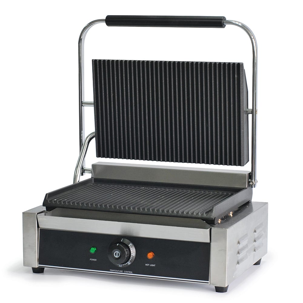 Global Solutions GS1621 Single Commercial Panini Press w/ Cast Iron Grooved Plates, 120v