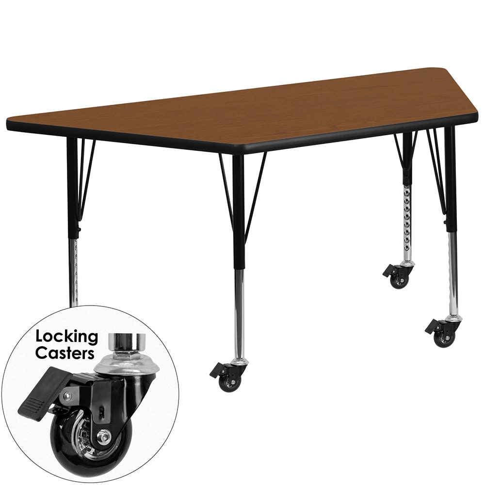 916-XA2448TOAKHPCAS Trapezoid Mobile Activity Table - 46 1/4"L x 25 1/2"W, Laminate Top...