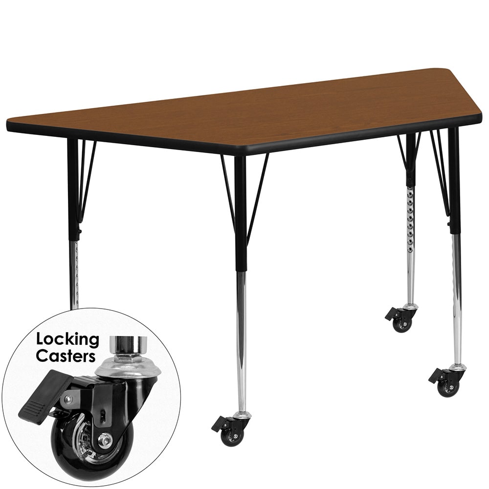 916-XA2448TOAKHACAS Trapezoid Mobile Activity Table - 46 1/4"L x 25 1/2"W, Laminate Top...