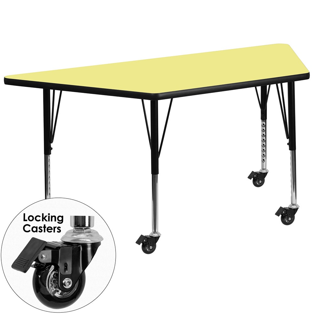 Flash Furniture XU-A3060-TRAP-YEL-T-P-CAS-GG Trapezoid Mobile Activity Table - 57 1/2"L x 26 1/4"W, Laminate Top, Yellow