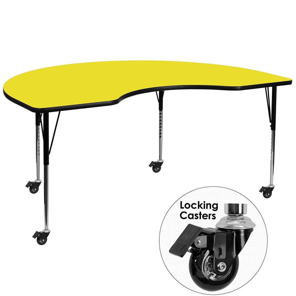 Flash Furniture XU-A4872-KIDNY-YEL-H-A-CAS-GG Kidney Shaped Mobile Activity Table - 72"L x 48"W, Laminate Top, Yellow